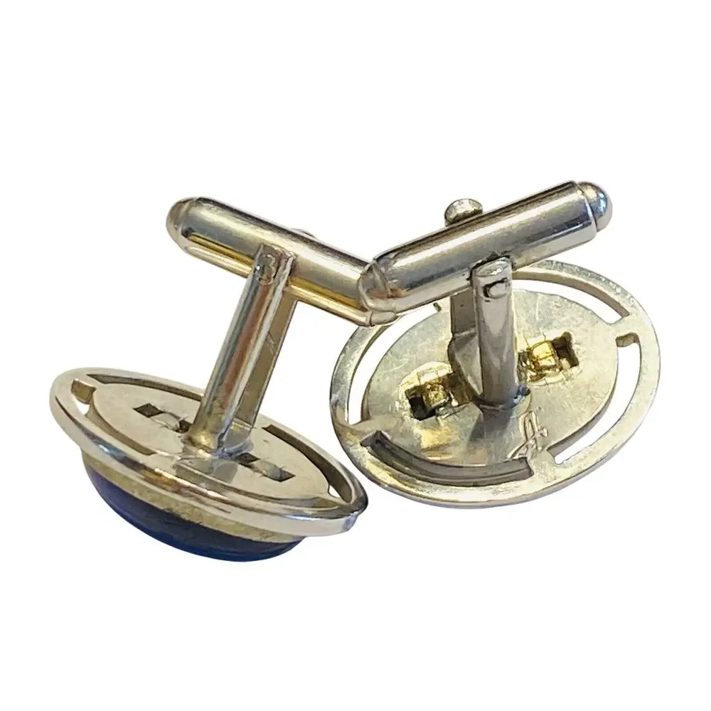 Vintage Anson Cufflinks Silvertone & Blue Jelly Belly Polished Stone Centers